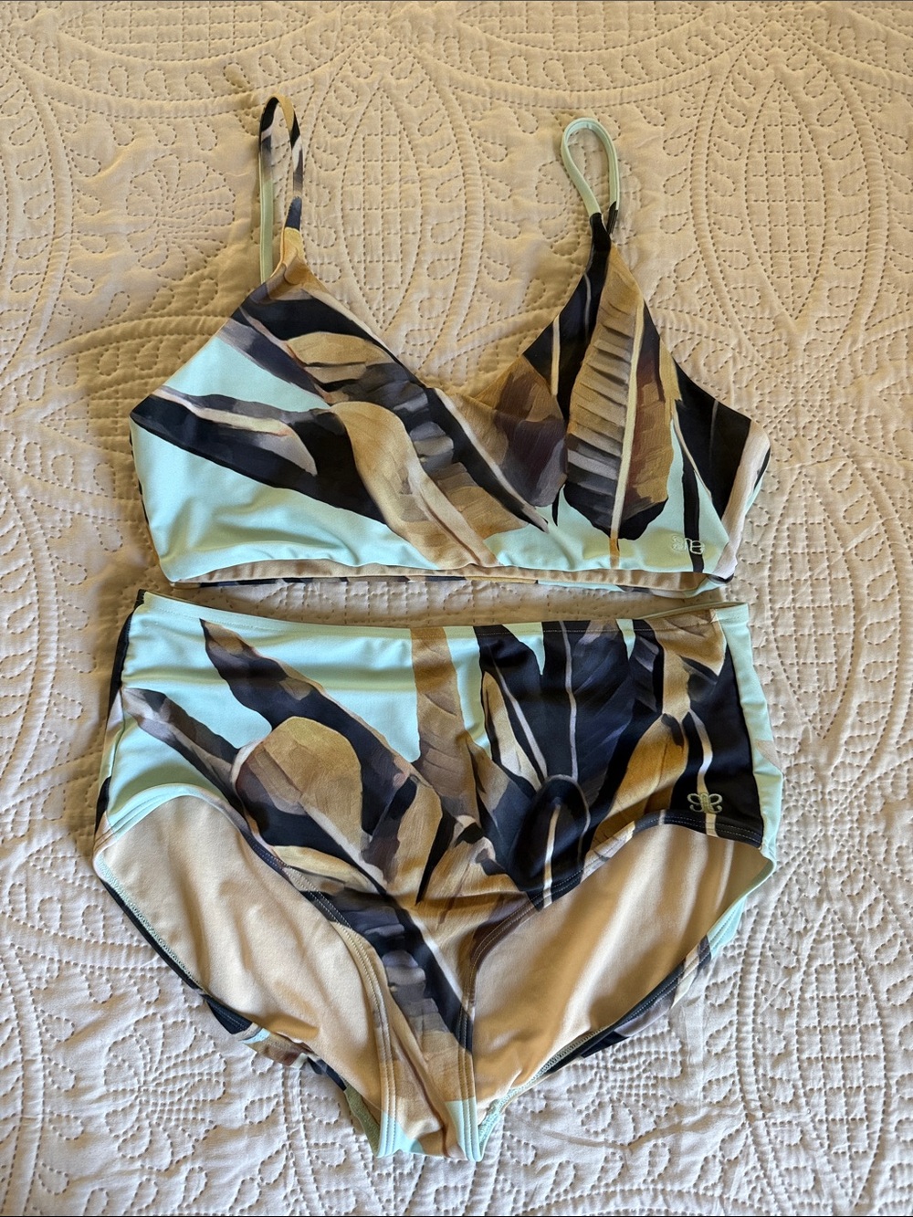 Albion Mint and Brown Leaf-Print Bandeau Bikini Set